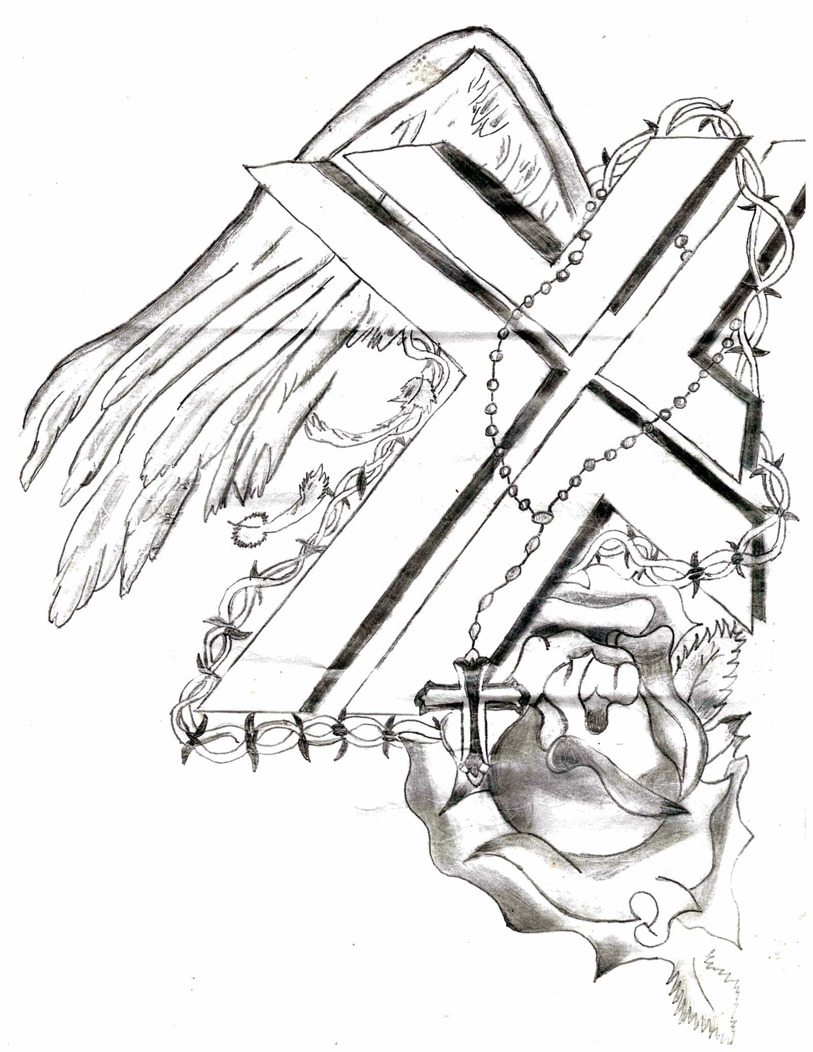 Illustration of a cross and a rose.