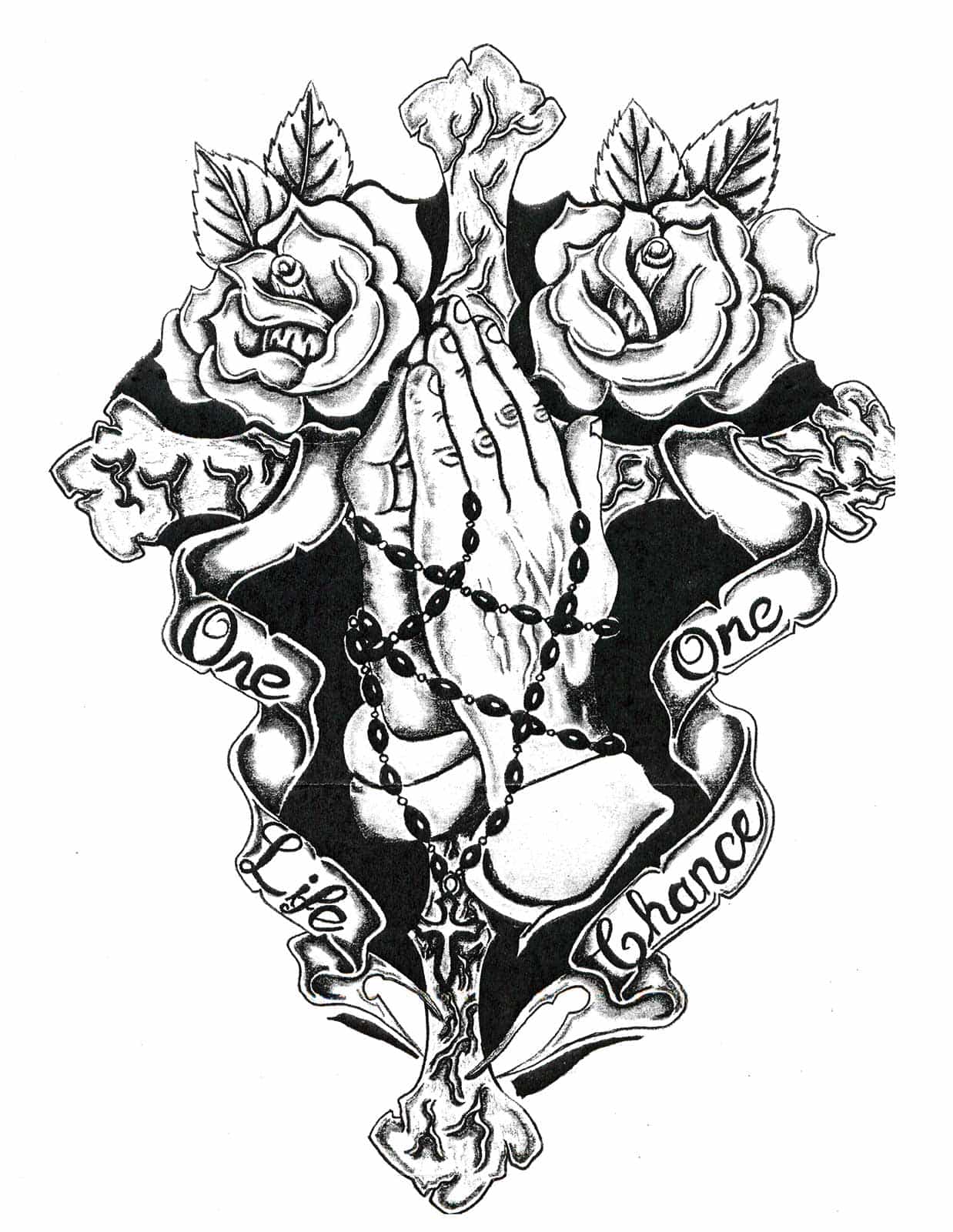 A black and white illustration of two hands praying, stylized to look as bold and intensely decorated as a tattoo might be.