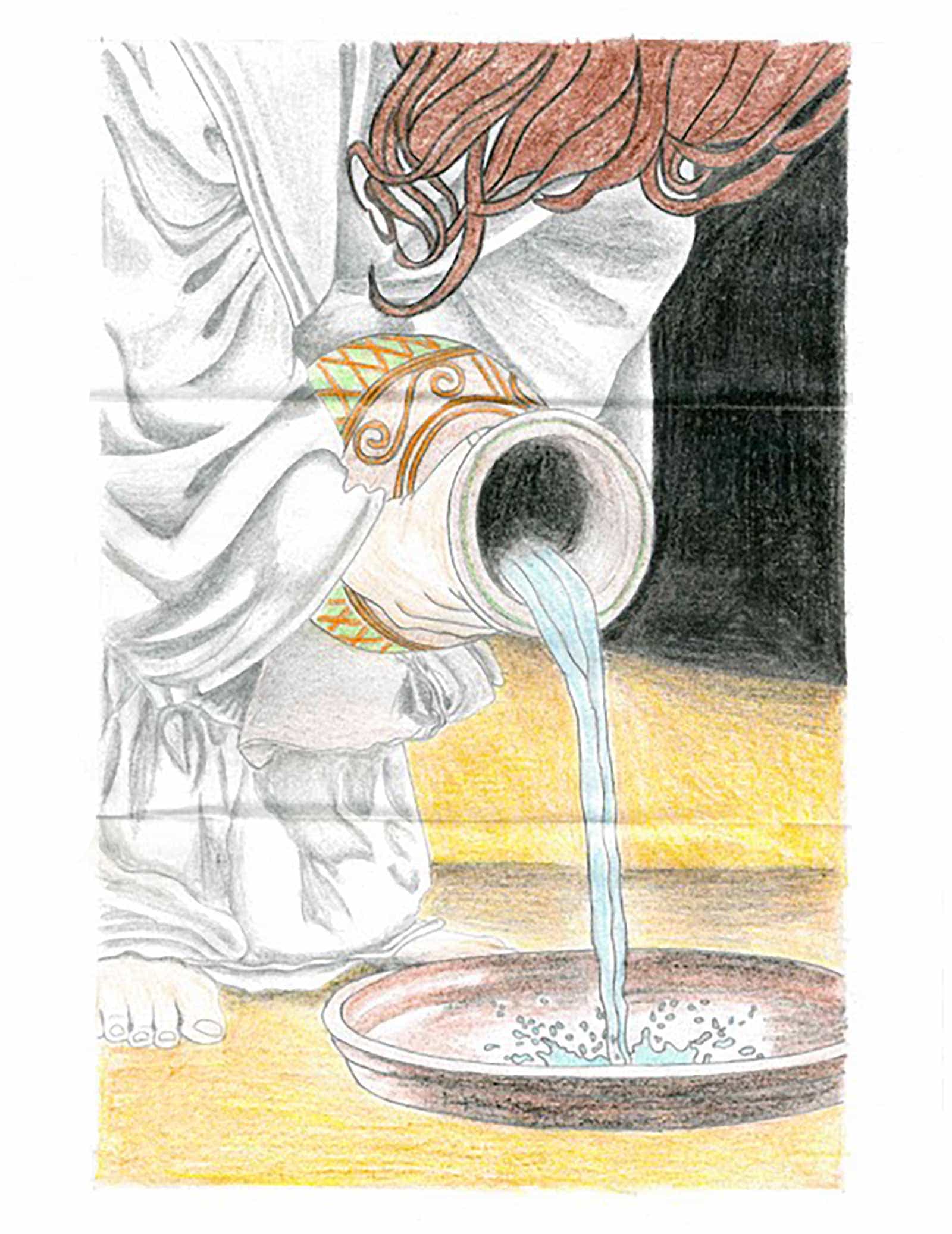 An illustration of water being poured from a clay jar.