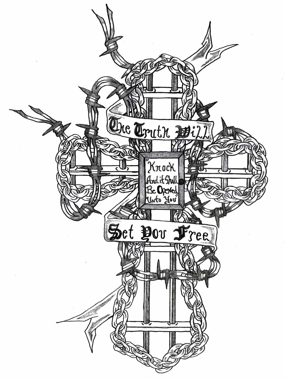 "The truth will set you free" written on a cross made out of thorns.