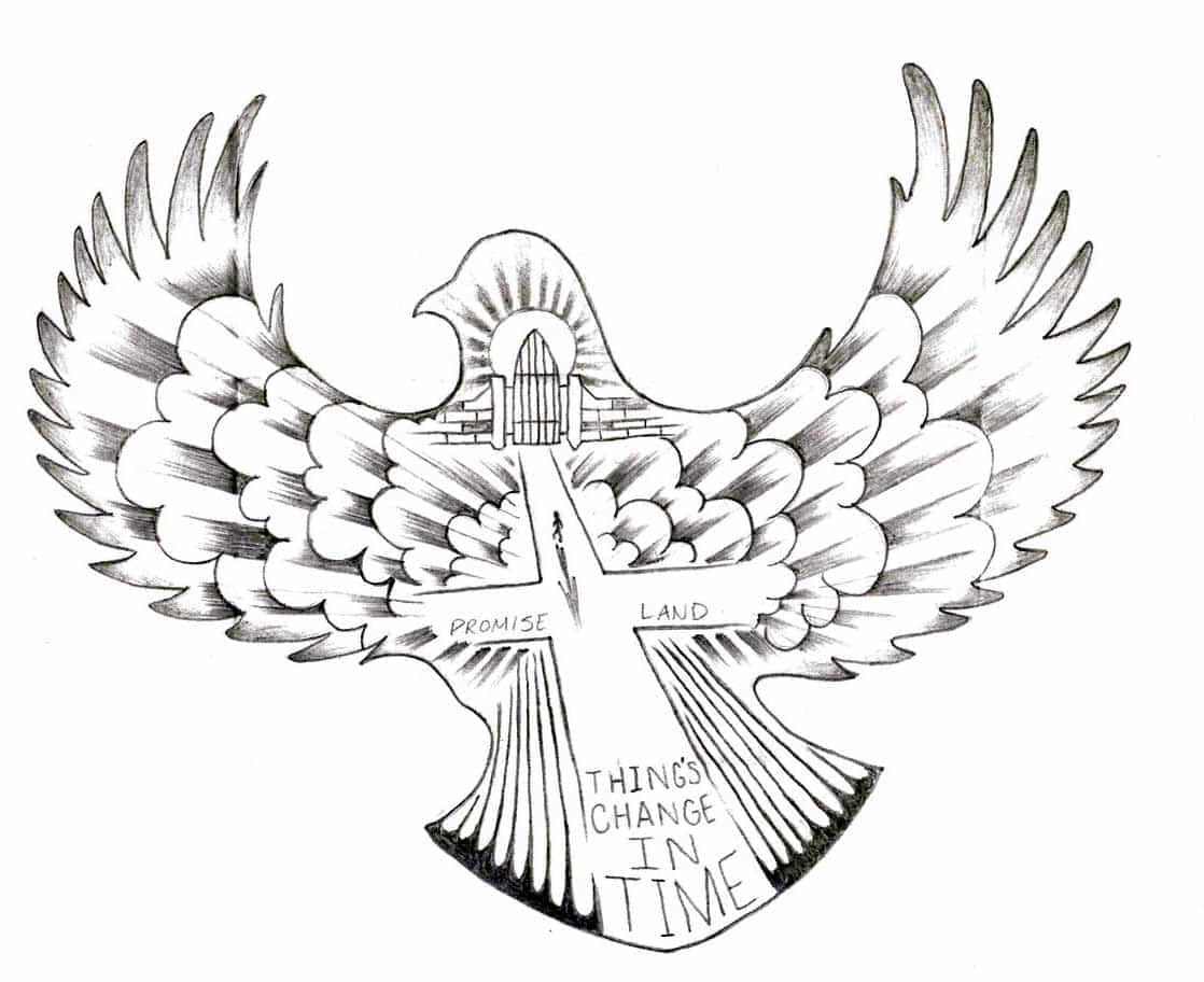 Illustration of a dove with the gates of heaven in it. Text on the path says "Things change in time" and the entrance to heaven reads: "Promised Land"