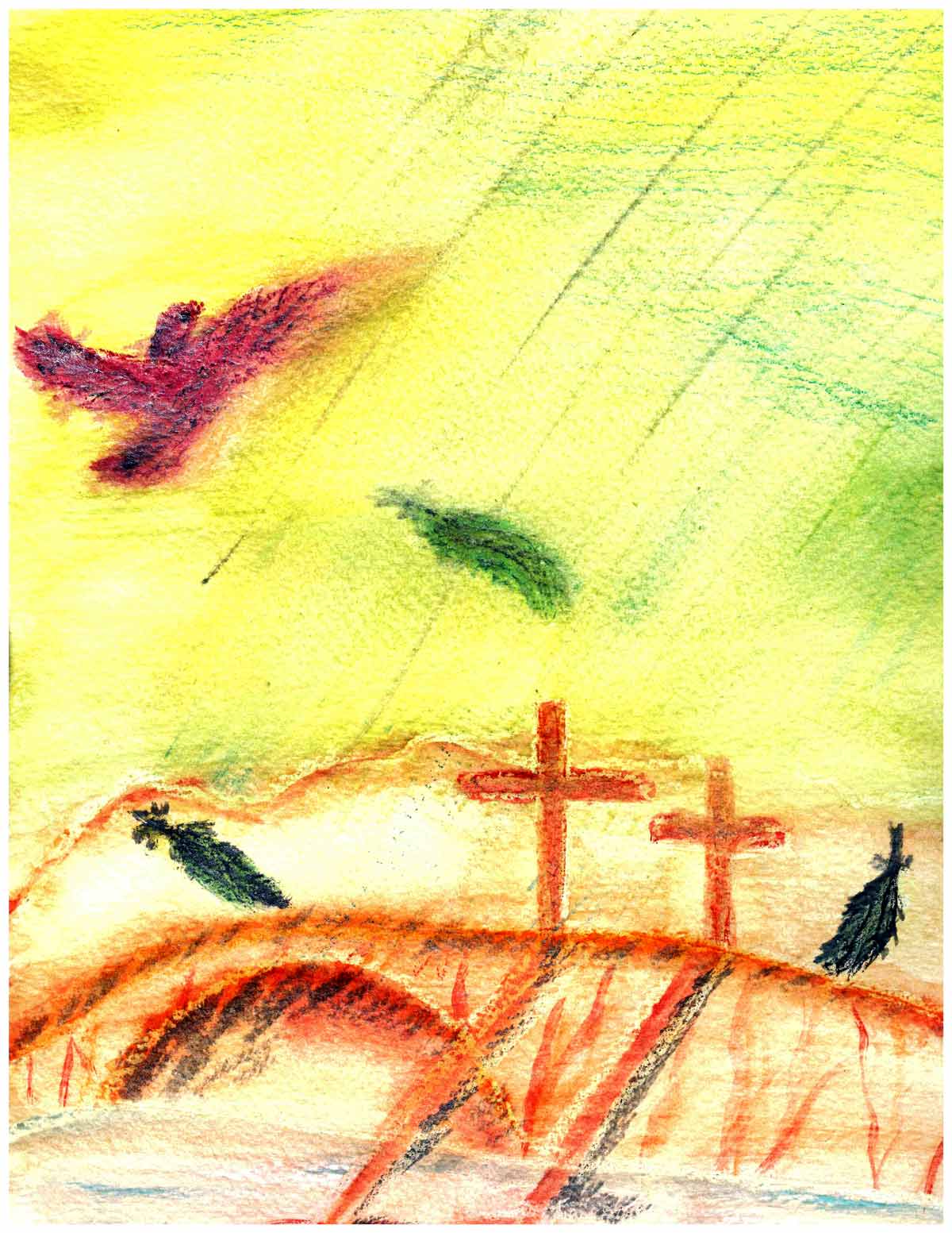 An illustration of a bird flying above crosses on a hil..