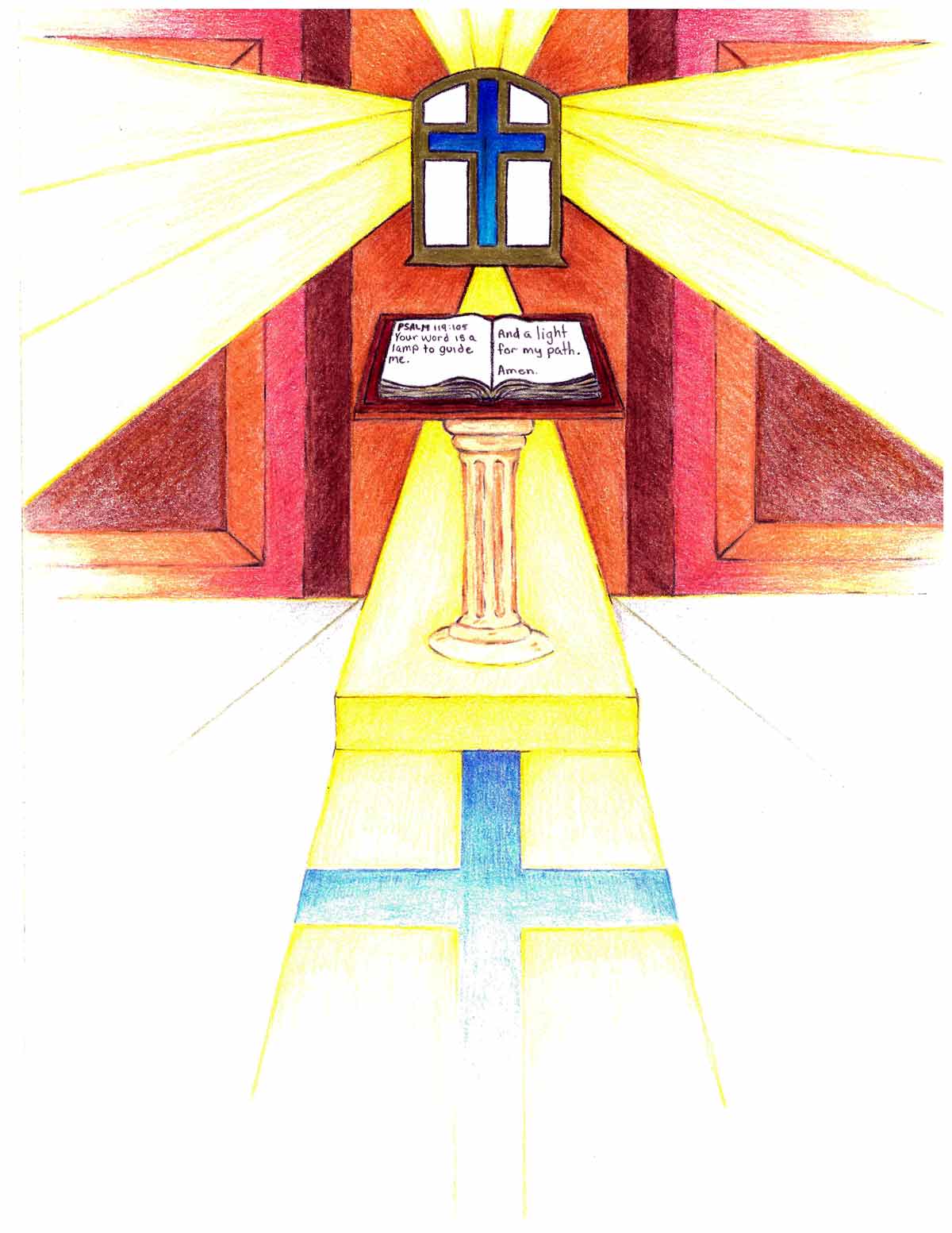 An illustration of a Bible open on a church pulpit.