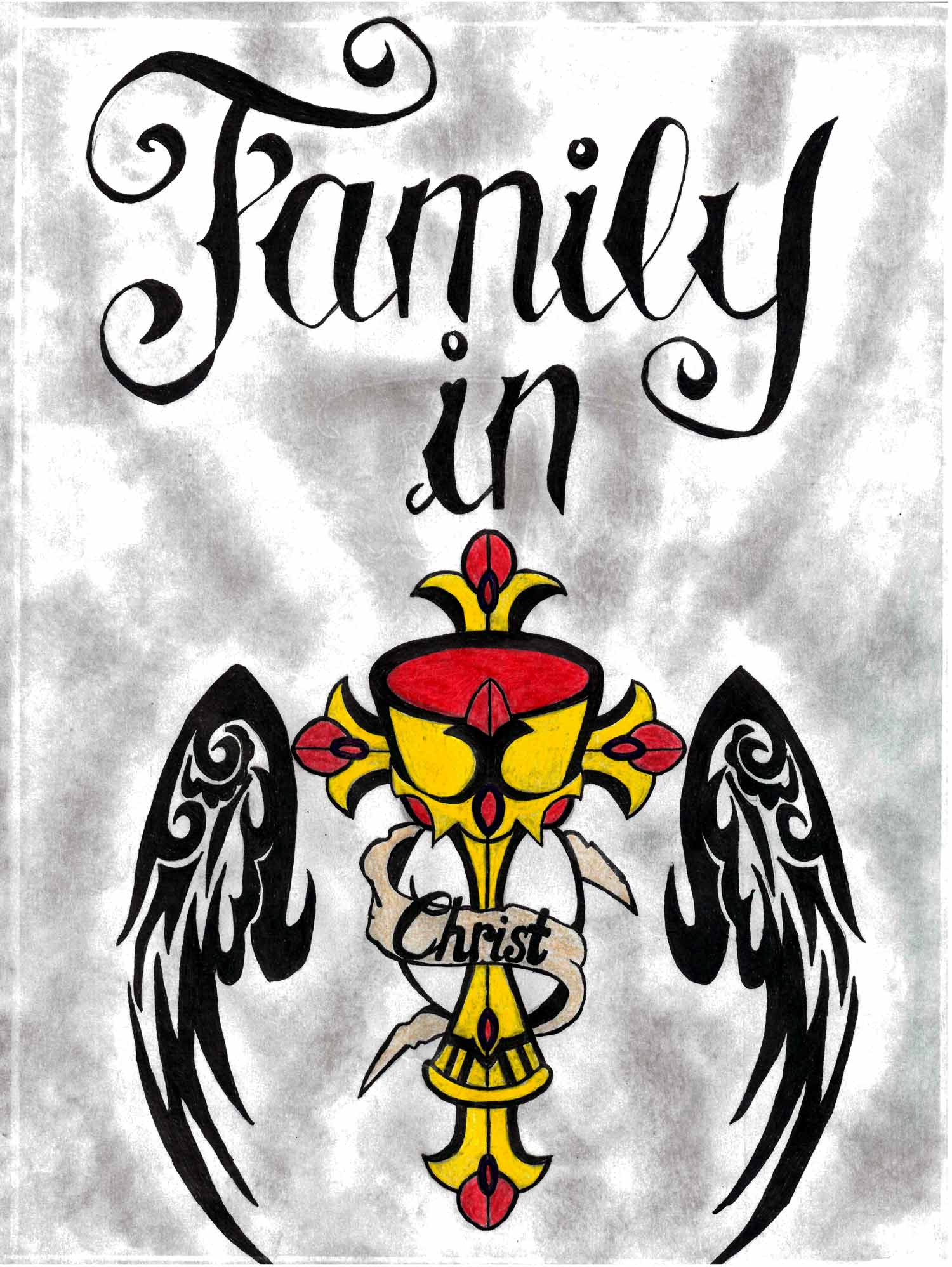 An image of a trophy surrounded by angel wings. The text on the illustration says "Family in Christ."