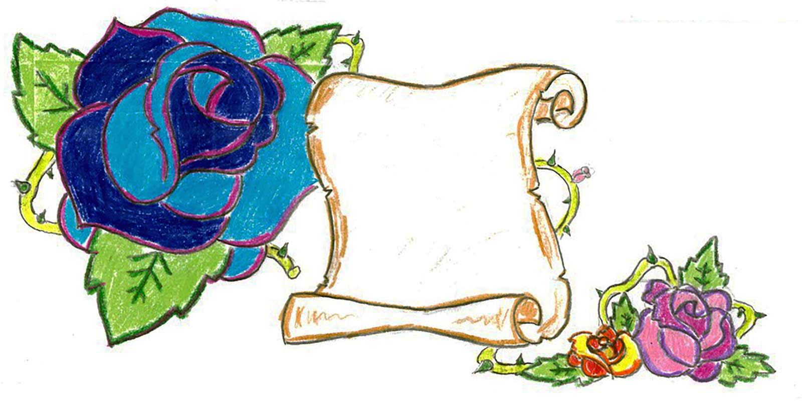 A scroll and some flowers